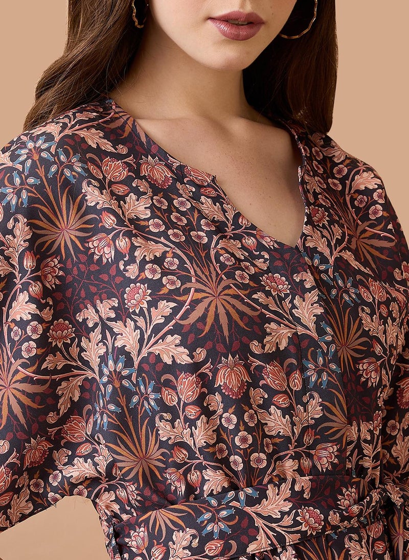 Globus Women Floral Print With V Cut Kimono Sleeves Waist Tie-Up Longline Fusion Jumpsuit - Image 5